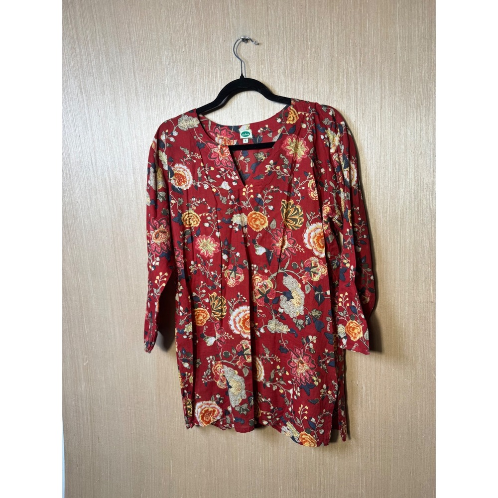 Dolma Womens Red Floral Cotton V-Neck 3/4 Sleeve Boho Tunic Blouse Large